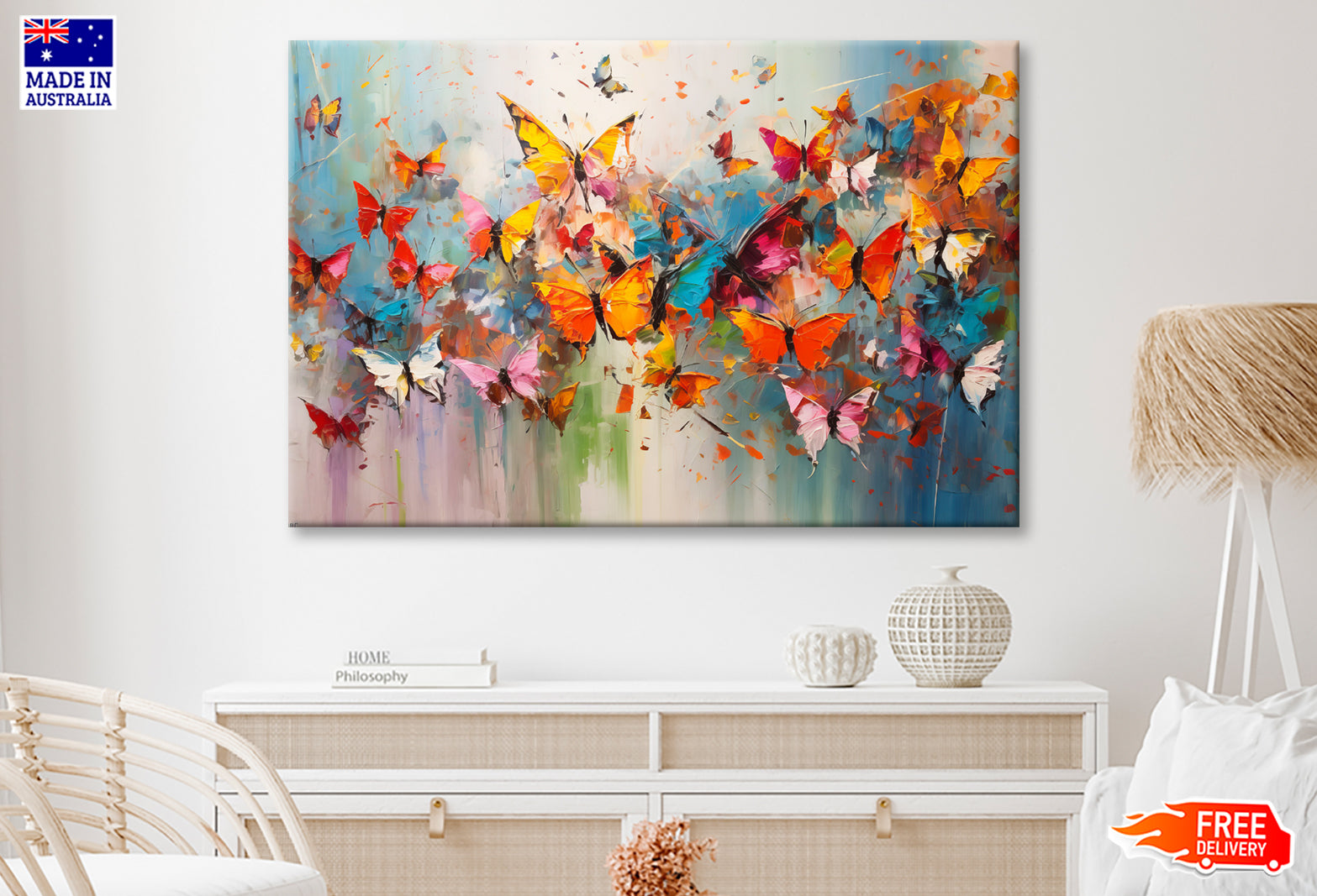 Pink Red Yellow Butterflies Abstract Oil Painting Wall Art Limited Edition High Quality Print