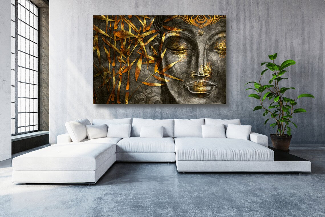 Buddha Statue With Leaves Acrylic Glass Print Tempered Glass Wall Art 100% Made in Australia Ready to Hang