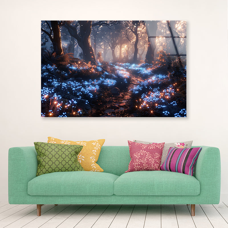 Forest with Red Leaves and Trees by Lights Acrylic Glass Print Tempered Glass Wall Art 100% Made in Australia Ready to Hang