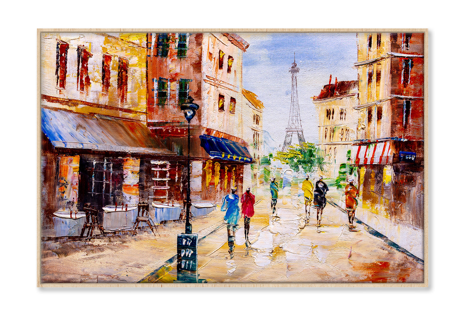 People Walking in Street & Eiffel Tower Oil Painting Wall Art Limited Edition High Quality Print Canvas Box Framed Natural