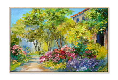 Green Trees & Flower Plants near House Oil Painting Wall Art Limited Edition High Quality Print Canvas Box Framed Natural