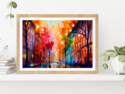 City In Autumn, Scenic Landscape With A Pleasant Trees Glass Framed Wall Art, Ready to Hang Quality Print With White Border Oak