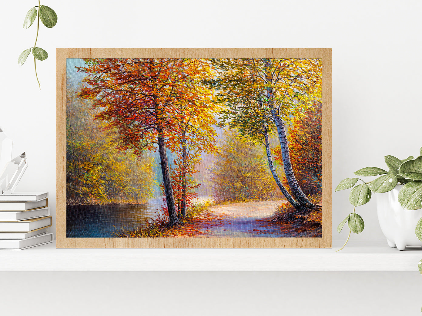 Bright Red Leaves Trees In Autumn Forest & River Glass Framed Wall Art, Ready to Hang Quality Print Without White Border Oak