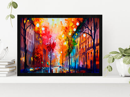 City In Autumn, Scenic Landscape With A Pleasant Trees Glass Framed Wall Art, Ready to Hang Quality Print Without White Border Black