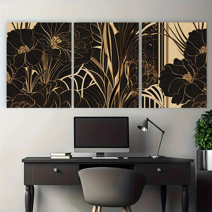 3pcs Flowers Golden & Black Pattern Metal Print Ready to Hang Art