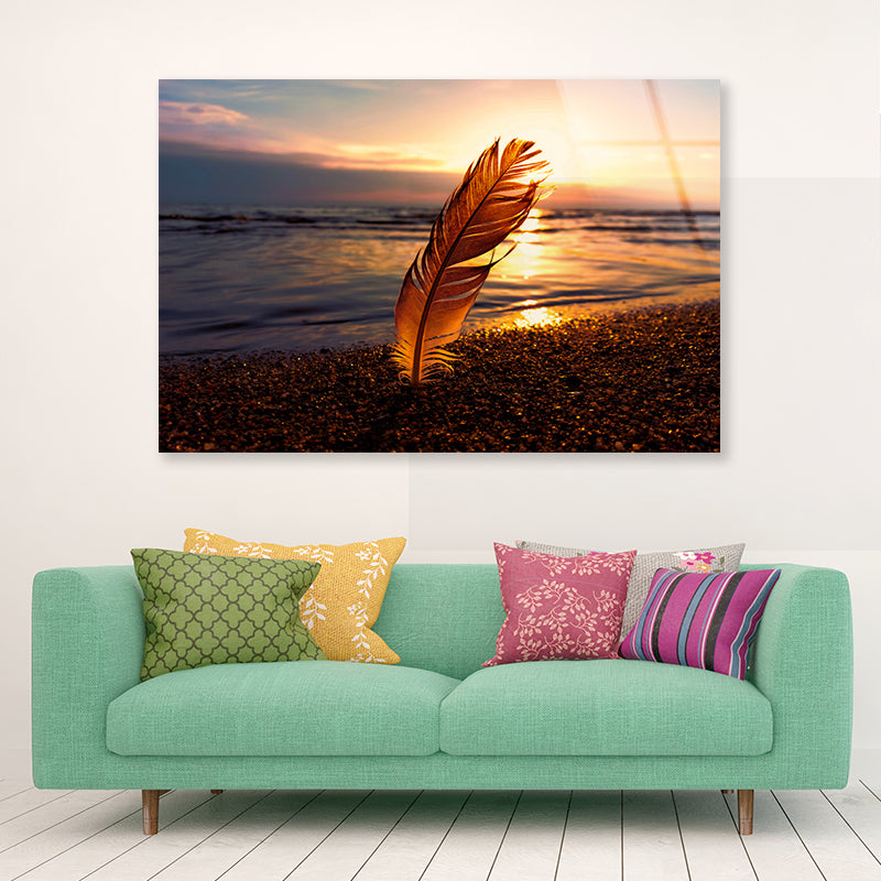 Feather With Sunset in Seashore Acrylic Glass Print Tempered Glass Wall Art 100% Made in Australia Ready to Hang