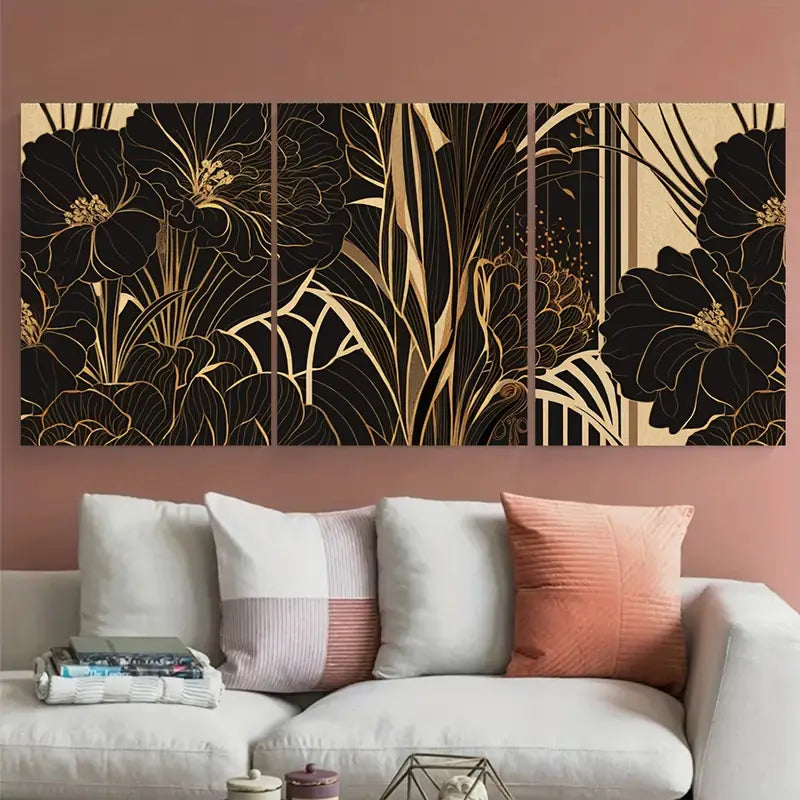3pcs Flowers Golden & Black Pattern Metal Print Ready to Hang Art