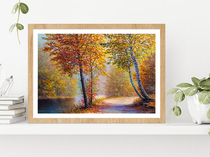 Bright Red Leaves Trees In Autumn Forest & River Glass Framed Wall Art, Ready to Hang Quality Print With White Border Oak