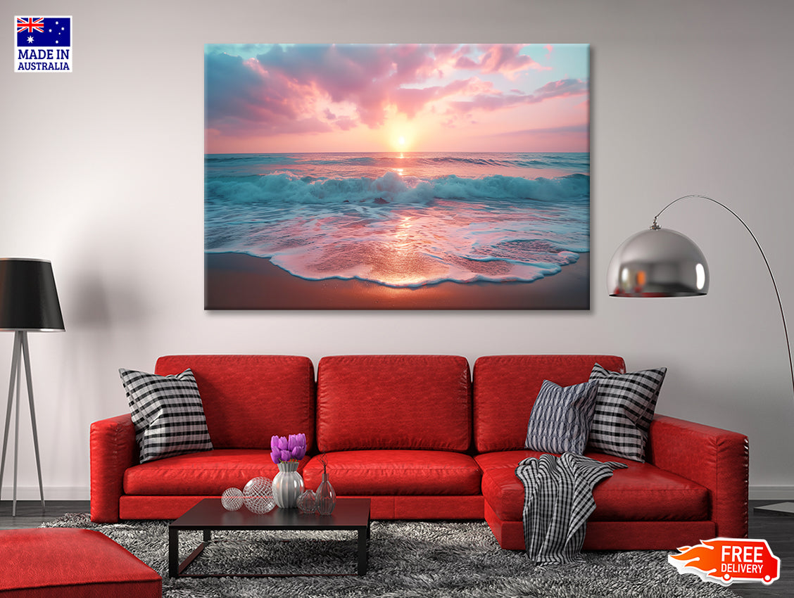 Beautiful Sunset over a Pink Sandy Beach View Print 100% Australian Made