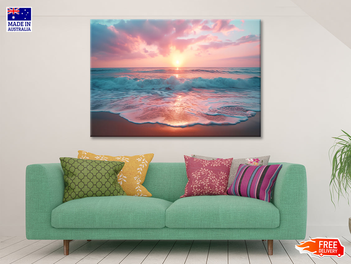 Beautiful Sunset over a Pink Sandy Beach View Print 100% Australian Made