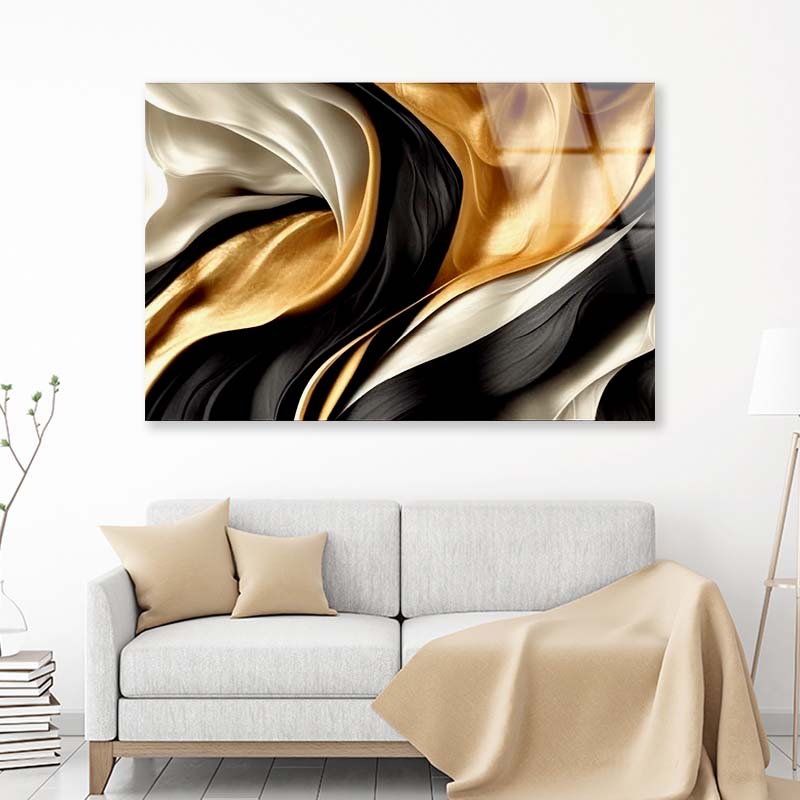 Golden 3D Abstract Acrylic Glass Print Tempered Glass Wall Art 100% Made in Australia Ready to Hang