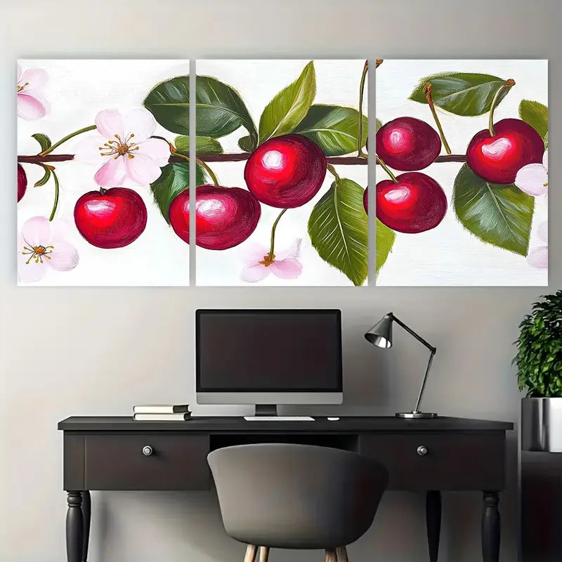 3pcs Bright Cherries And Blossoms Fruit Metal Print Ready to Hang Art