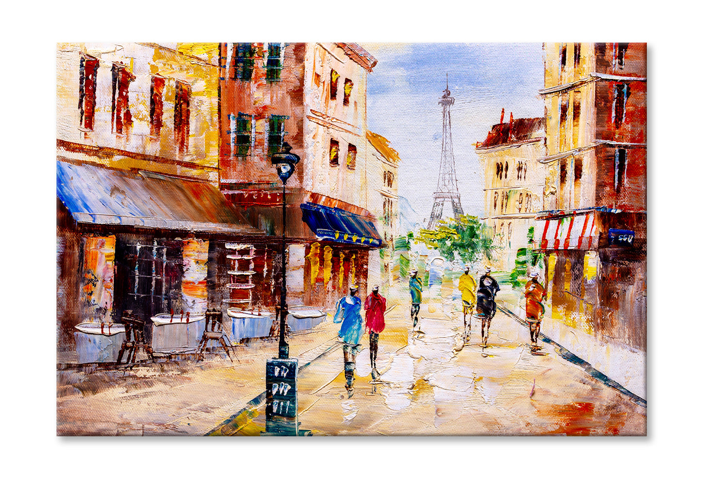 People Walking in Street & Eiffel Tower Oil Painting Wall Art Limited Edition High Quality Print Stretched Canvas None