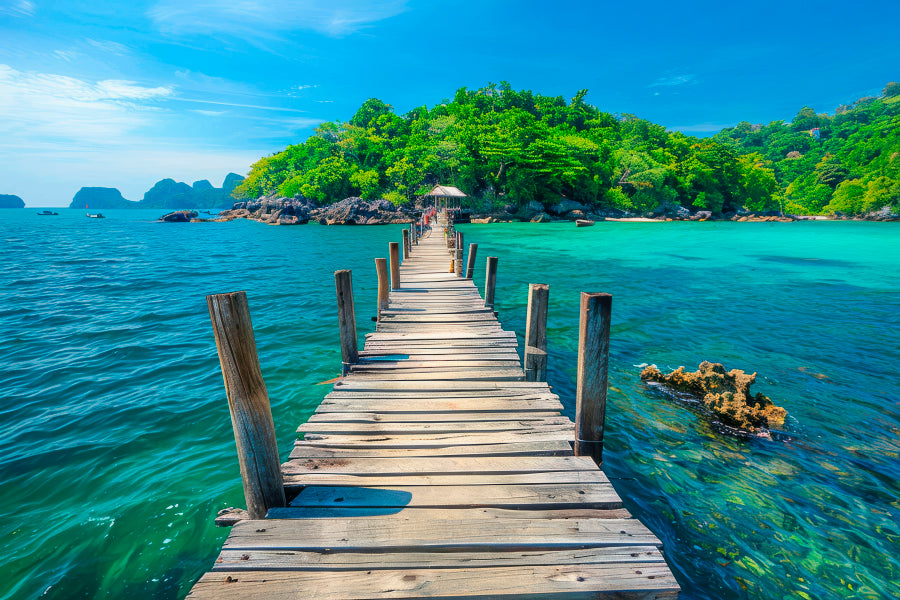 Wooden Pier Leads to An Island with Clear Blue Water and Lush Greenery Home Decor Premium Quality Poster Print Choose Your Sizes