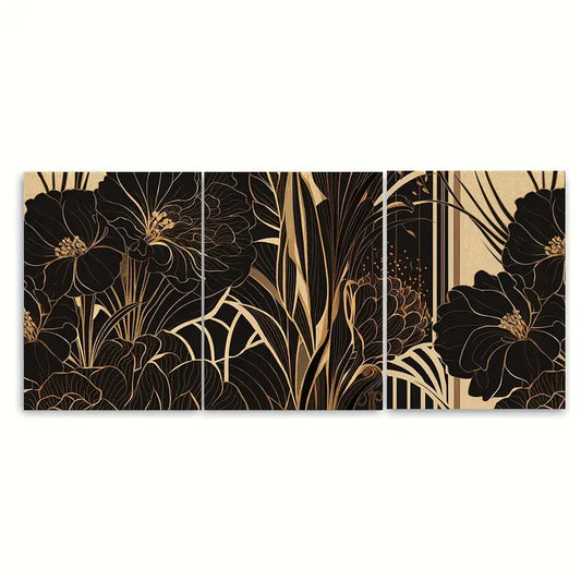 3pcs Flowers Golden & Black Pattern Metal Print Ready to Hang Art