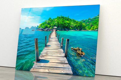 Wooden Pier Leads to An Island with Clear Blue Water and Lush Greenery  Acrylic Glass Print Tempered Glass Wall Art 100% Made in Australia Ready to Hang