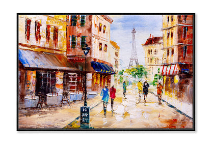 People Walking in Street & Eiffel Tower Oil Painting Wall Art Limited Edition High Quality Print Canvas Box Framed Black