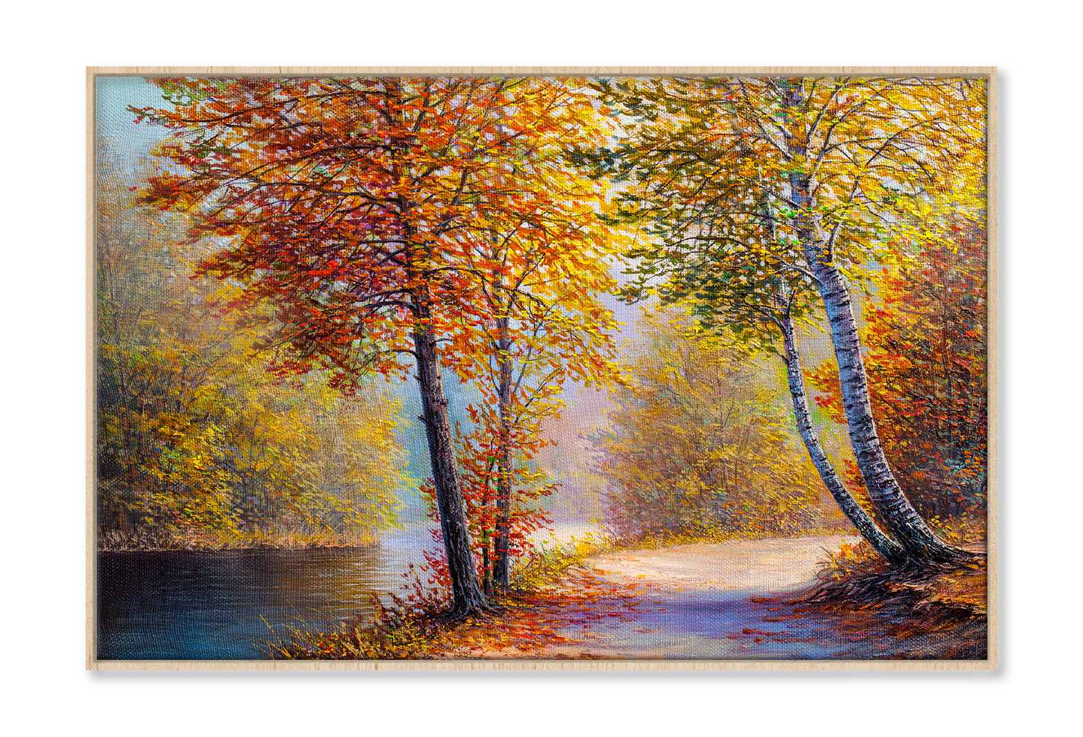 Bright Red Leaves Trees In Autumn Forest & River Oil Painting Wall Art Limited Edition High Quality Print Canvas Box Framed Natural