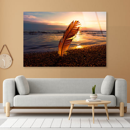 Feather With Sunset in Seashore Acrylic Glass Print Tempered Glass Wall Art 100% Made in Australia Ready to Hang