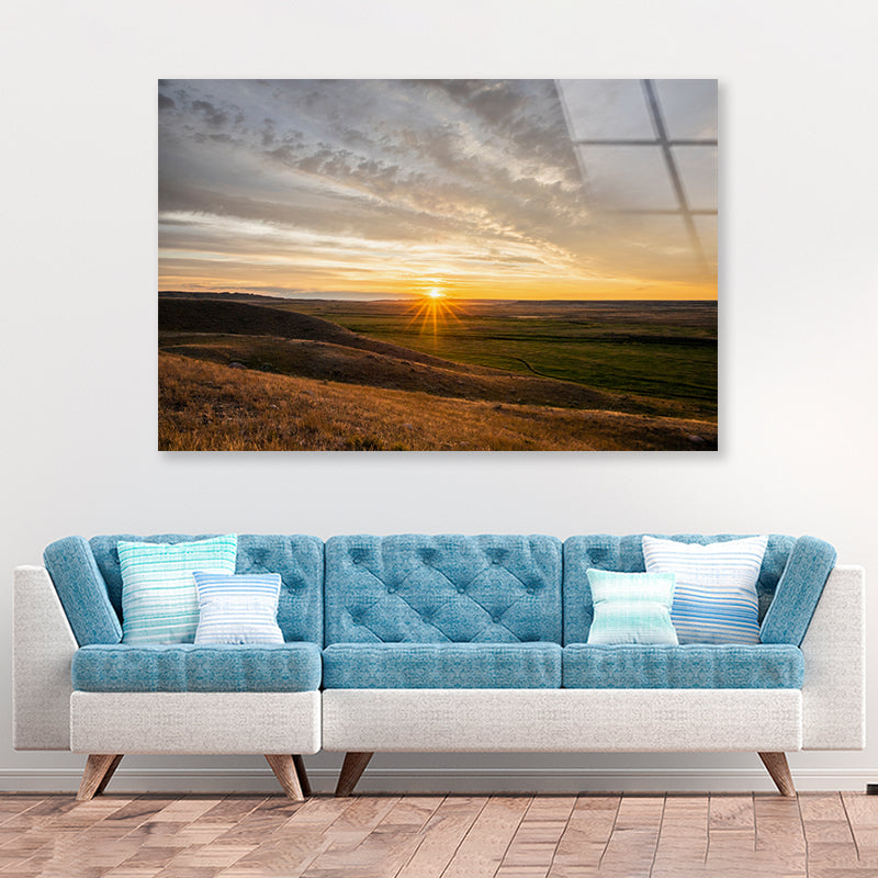 Sunset at Grasslands with Colorful Sky Acrylic Glass Print Tempered Glass Wall Art 100% Made in Australia Ready to Hang