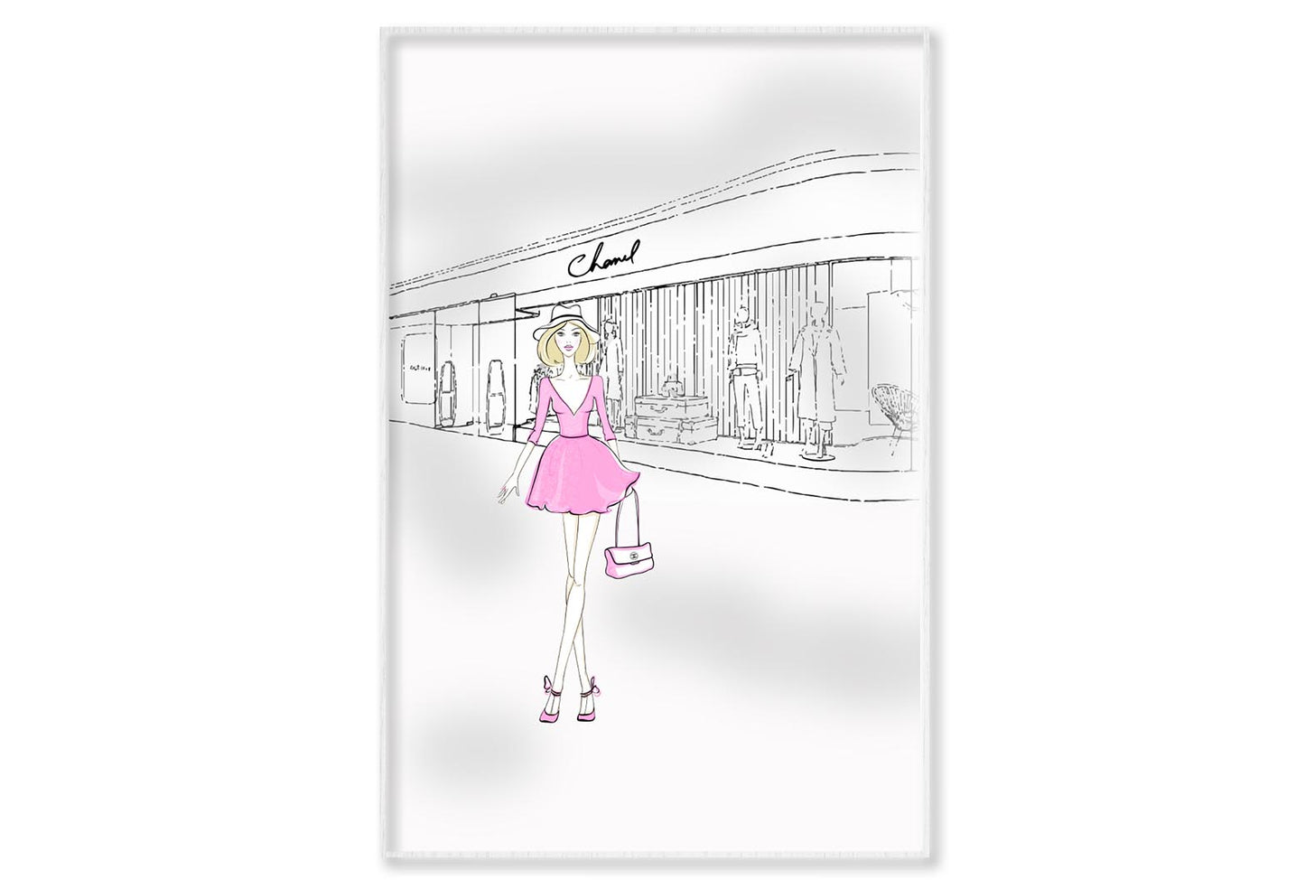 Pink Girl With Fashion Store Wall Art Limited Edition High Quality Print Canvas Box Framed White