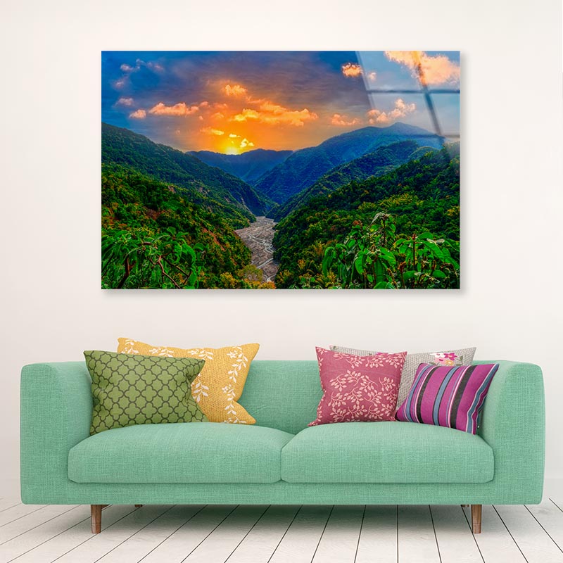 Rolling Mountain Sunrise Sky and Winding Valley Grass Acrylic Glass Print Tempered Glass Wall Art 100% Made in Australia Ready to Hang