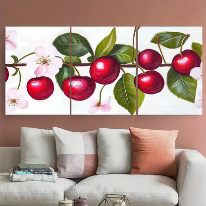 3pcs Bright Cherries And Blossoms Fruit Metal Print Ready to Hang Art