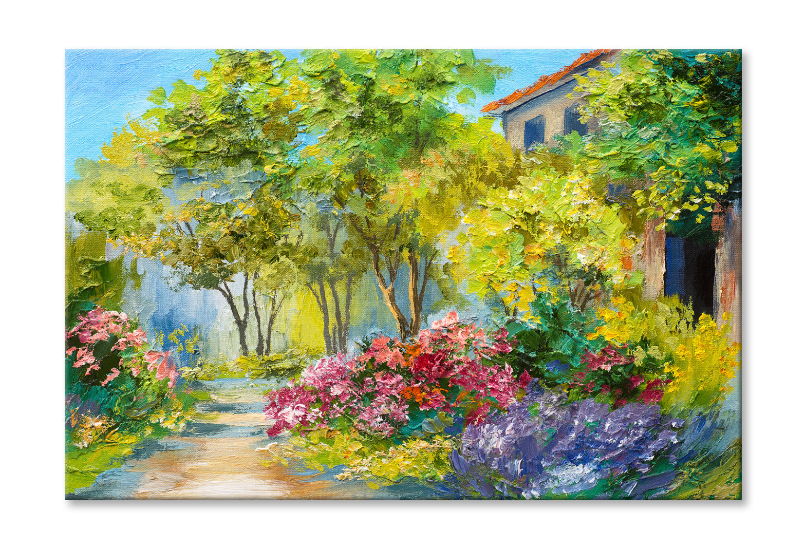 Green Trees & Flower Plants near House Oil Painting Wall Art Limited Edition High Quality Print Stretched Canvas None