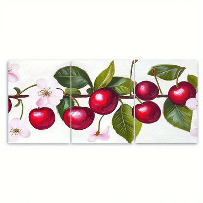 3pcs Bright Cherries And Blossoms Fruit Metal Print Ready to Hang Art