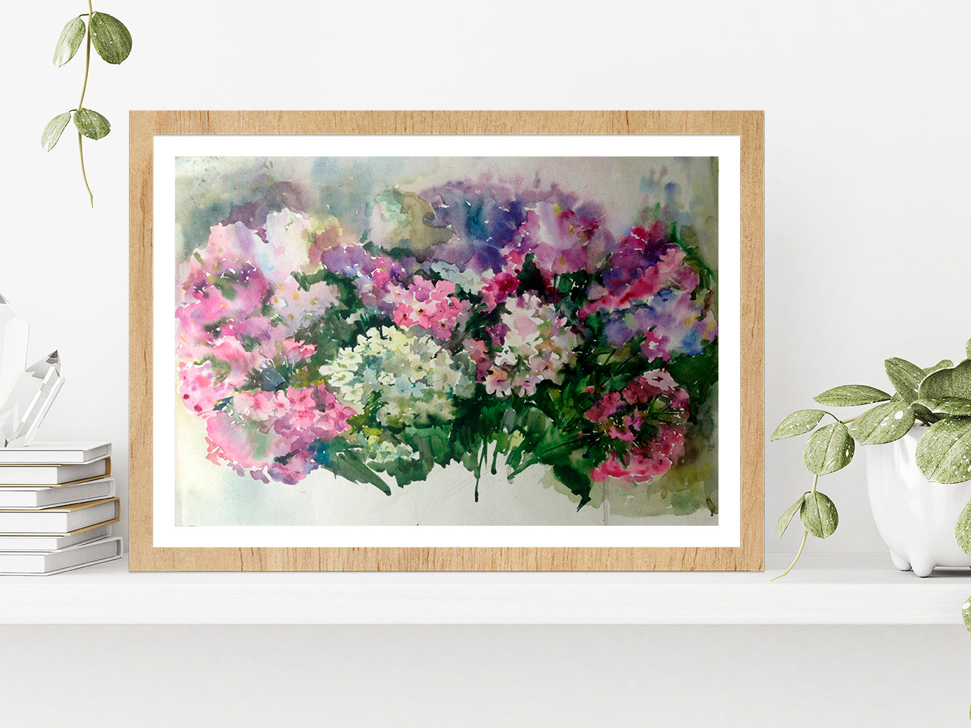 Watercolor Flowers Painting Glass Framed Wall Art, Ready to Hang Quality Print With White Border Oak