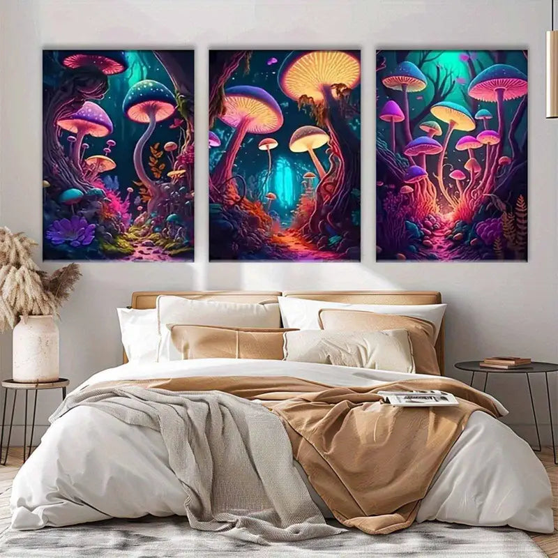 3pcs Mushroom Glowing Neon Forest Metal Print Ready to Hang Art