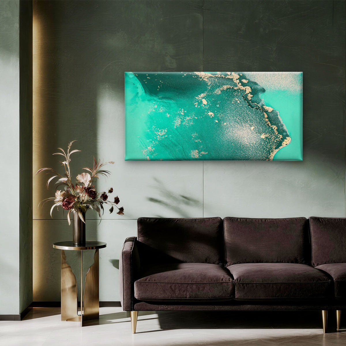 Green Ink Gold Abstract Wall Art Canvas Office Home Room Framed 120x60cm