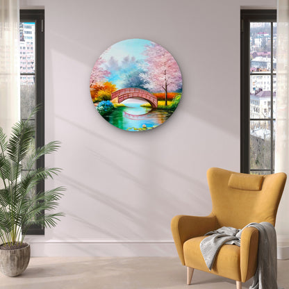 Pink Blossom Bridge Over the Lake Acrylic Glass Rounded Print Tempered Glass Wall Art 100% Made in Australia Ready to Hang