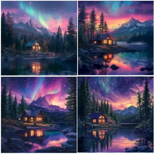 4pcs Colorful Lake, House Night Senary Wall Art Canvas Framed