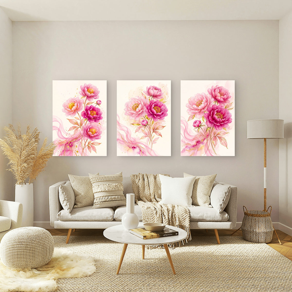 3pcs Watercolor Pink Peony Floral Botanical Gold Leaves Abstract Swirl Wall Art Set Canvas Framed 40x60cm - High Quality Print 100% Australian Made Wall Canvas Ready to Hang