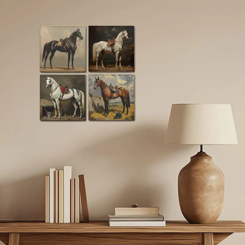 4pcs Horse Black,White And Brown Wall Art Canvas Framed