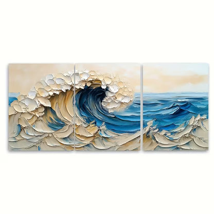 3pcs Abstract Ocean Wave Oil Painting Metal Print Ready to Hang Art