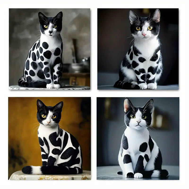 4pcs Chic Black And White Cat Illustrations Wall Art Canvas Framed