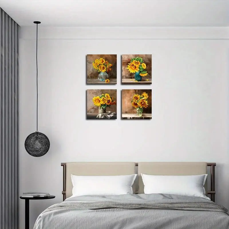 4pcs Yellow Flowers Beautiful Wall Art Canvas Framed