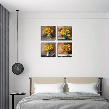 4pcs Yellow Flowers Beautiful Wall Art Canvas Framed