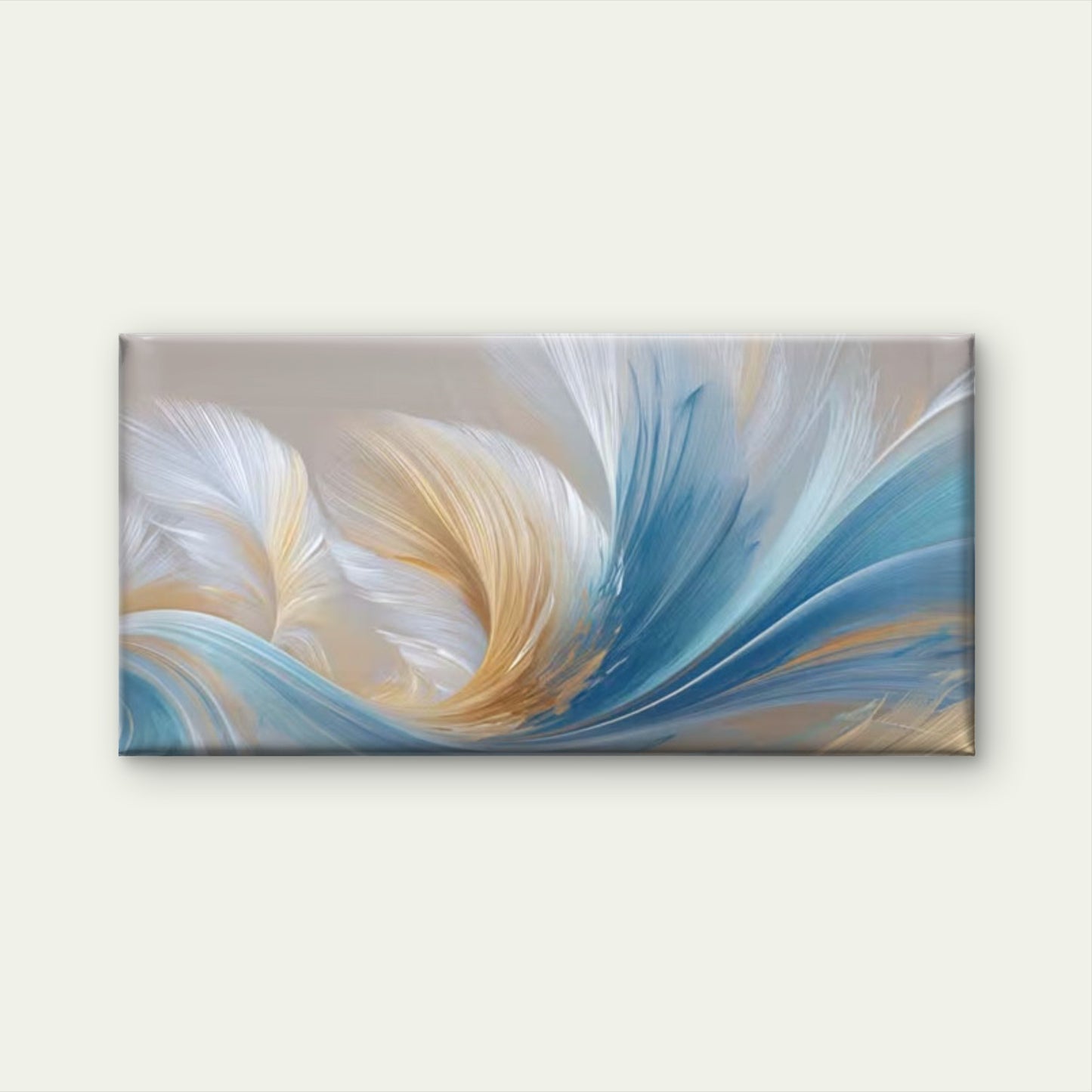 Golden & Blue Feather Abstract Wall Art Canvas Office Home Room Framed 120x60cm