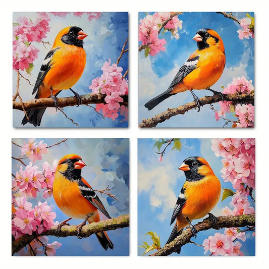 4pcs  Colorful Birds Sitting on Tree Branch RT       Wall Art Canvas Framed