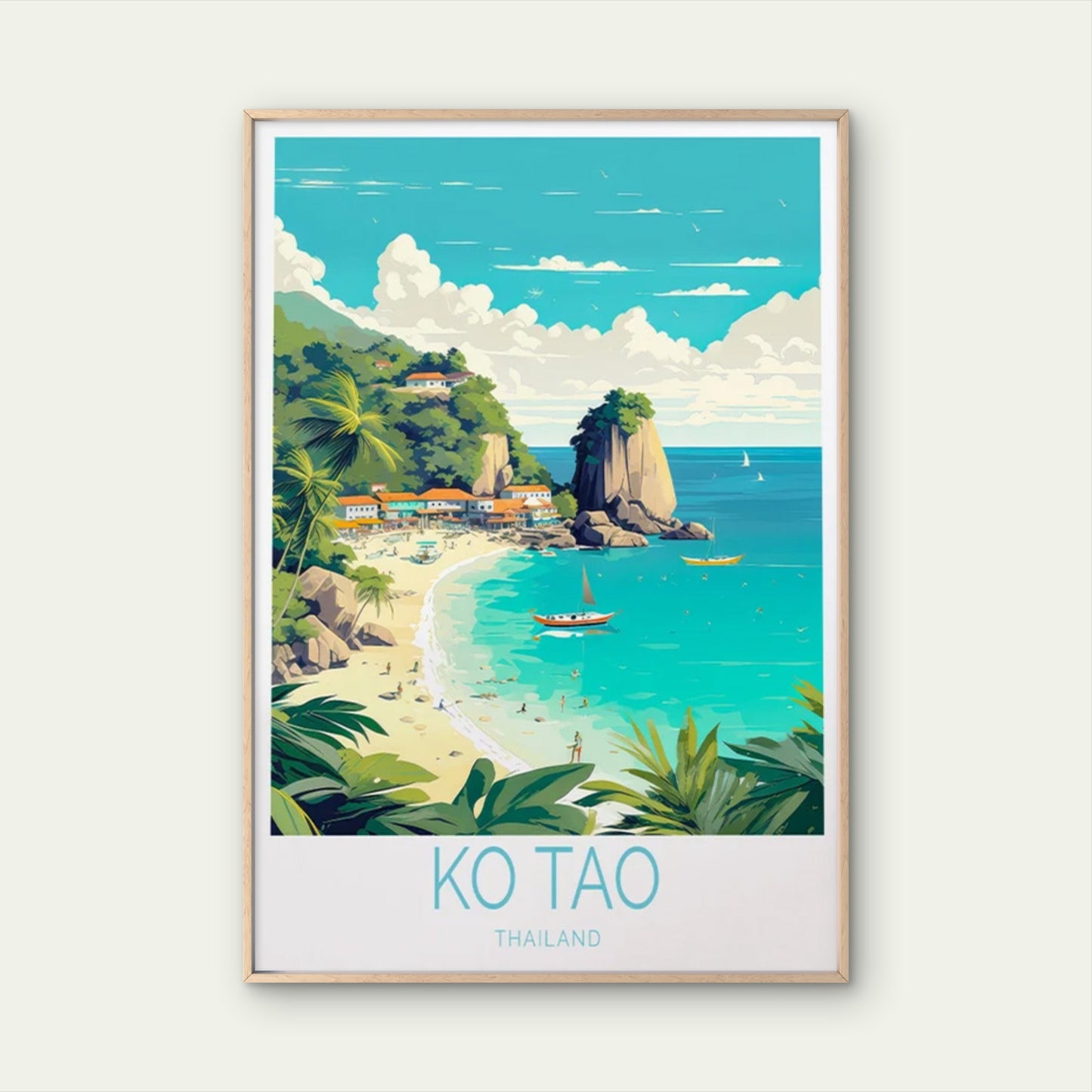Ko Tao Thailand, Beach & Tropical Trees Travel Poster Print Wall Art