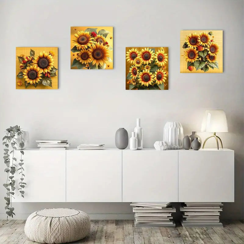 4pcs Sunflower & Rose Botanical Decor, Wall Art Canvas Framed