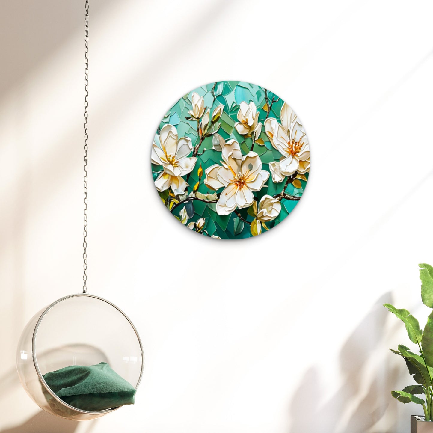White Flower Branch Green  Acrylic Glass Rounded Print Tempered Glass Wall Art 100% Made in Australia Ready to Hang