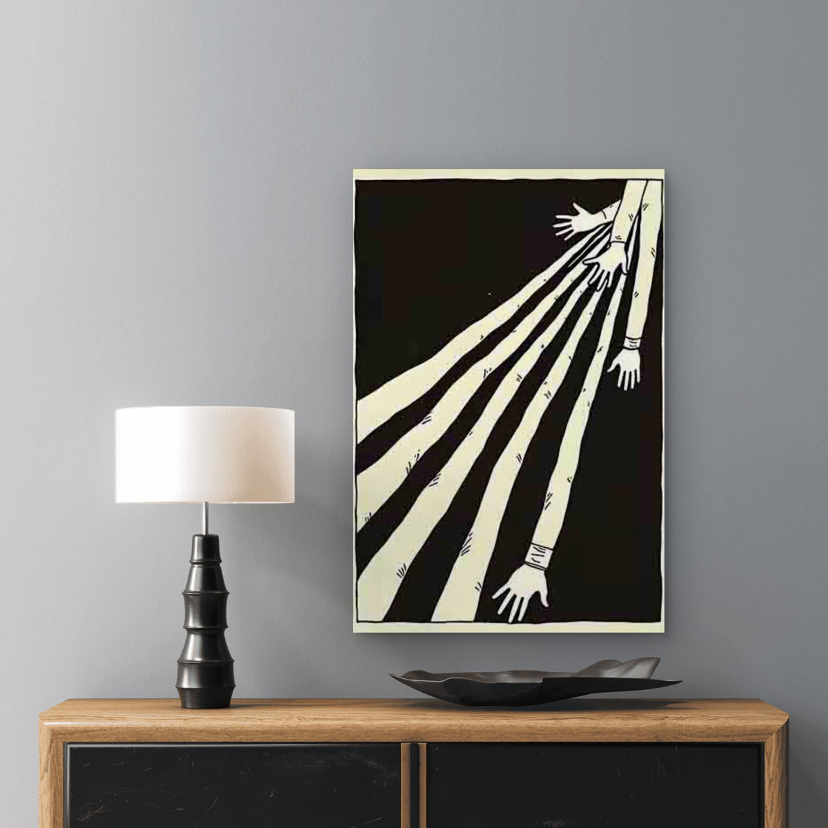 Black and White Abstract with Stretched Arms 60x90cm Metal Print Ready to Hang