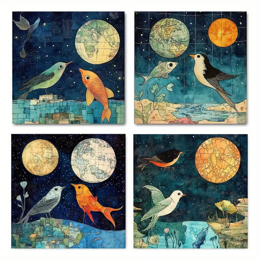 4pcs Full Moon Night Birds & Fish in Water Wall Art Canvas Framed