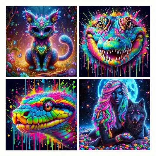 4pcs Colorful Cute Pet Wall Art Canvas Framed