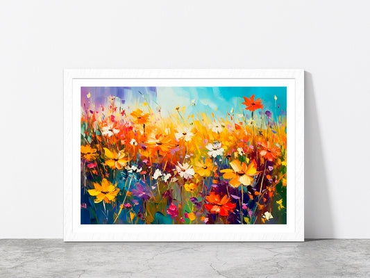 Beautiful Wildflowers Blooming Field Glass Framed Wall Art, Ready to Hang Quality Print With White Border White