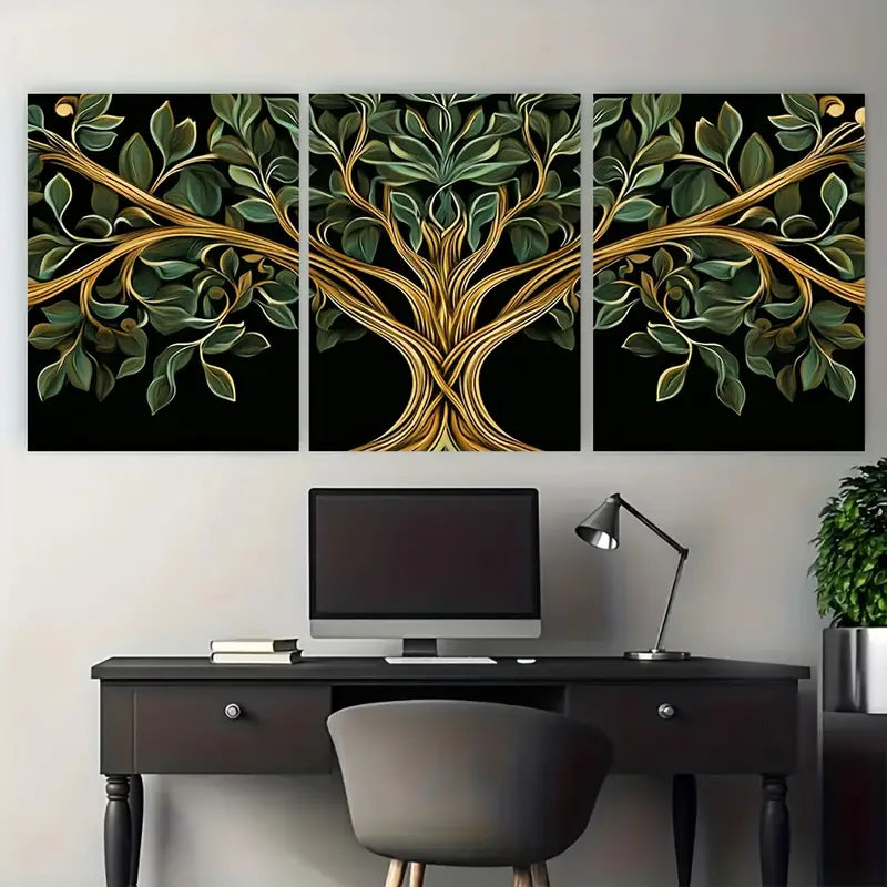 3pcs Golden and Green Tree of Life Metal Print Ready to Hang Art